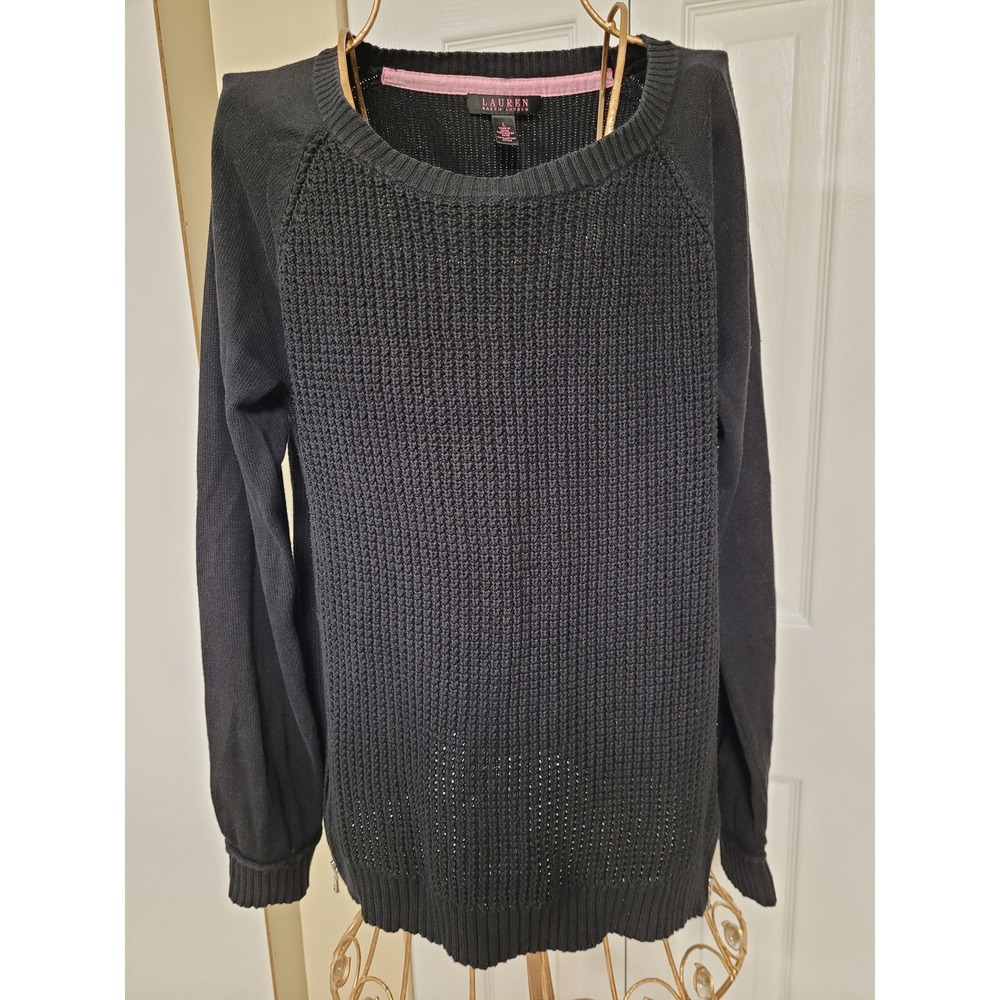 Lauren Ralph Lauren Womens Boho Black Cotton Knit Crewneck Sweater Zip Large